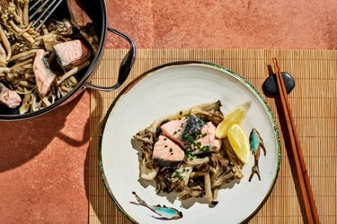 One Pan Japanese Steamed Salmon & Mushrooms