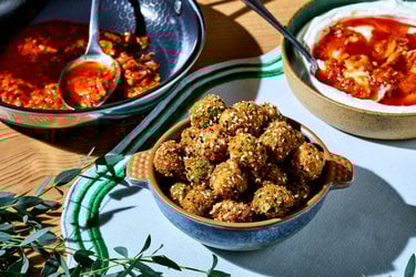 Fried Green Olives with Harissa Yogurt Dip