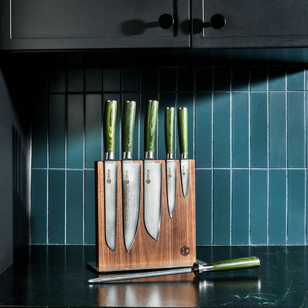 6pc Japanese Damascus Steel Knife Set w/ Magnetic Knife Block