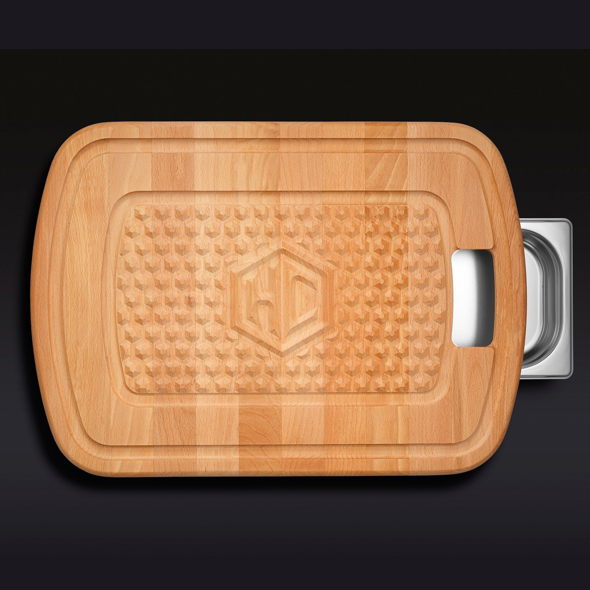 Wooden cutting board with textured surface and metal handle on a dark background.