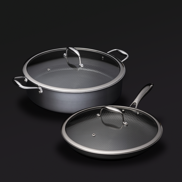 Set pan van 30 cm en hybride pan van 6,6 liter met deksels