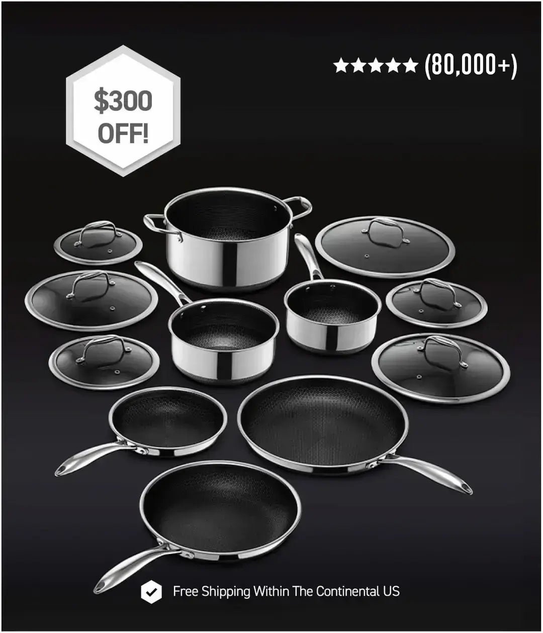 Collection of cookware with a discount offer and free shipping advertisement.