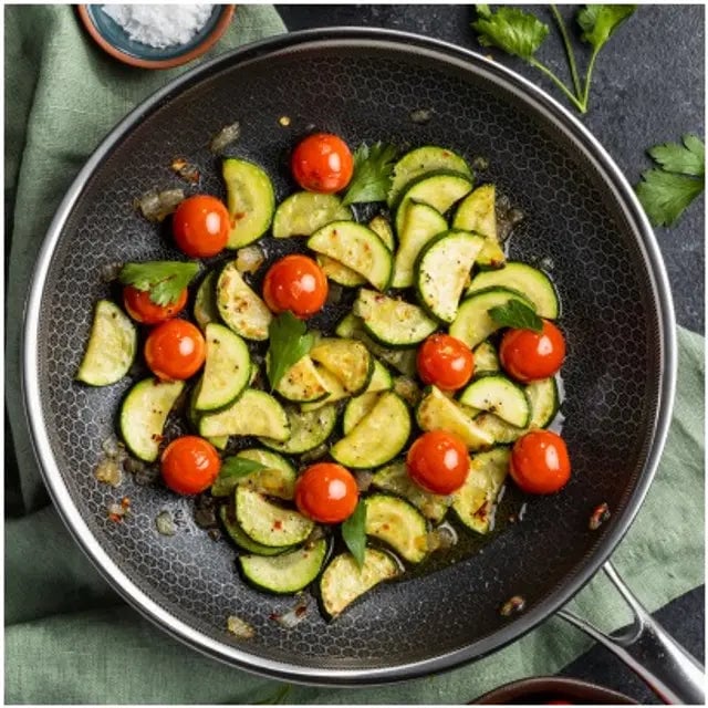 A pan with sautéed zucchini and cherry tomatoes.