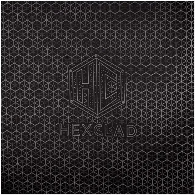 'HexClad brand logo with hexagonal pattern background.'