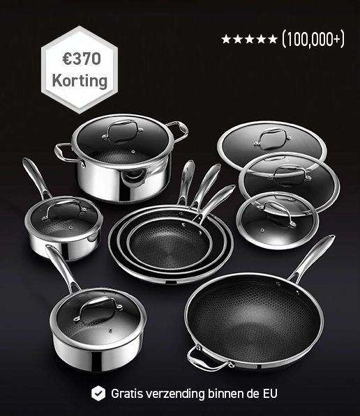 Set of non-stick cookware with lids and handles, advertising €370 discount and free EU shipping.