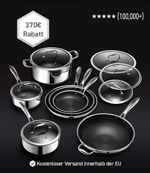 Cookware set with stainless steel pots and pans, highlighting a €370 discount offer.